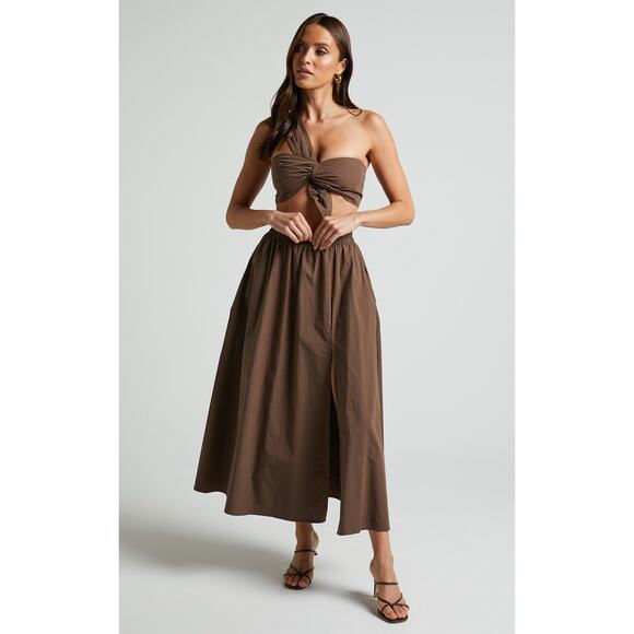 Showpo Sula Two Piece Set One Shoulder Crop Top Midi Skirt Chocolate Brown 2 - Picture 3 of 15